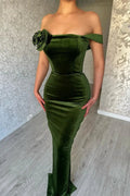 Green Mermaid Off the Shoulder Flowers Stain Prom Dress with Ruffles by misshow.com