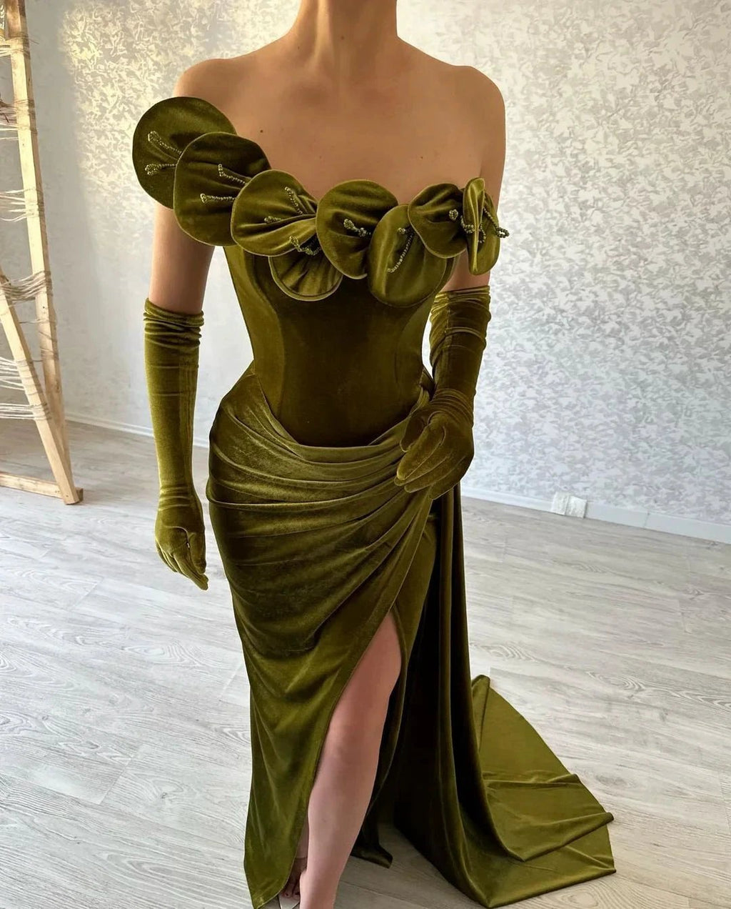 Green One Shoulder Strapless Ruffles Prom Dress with Split by misshow.com
