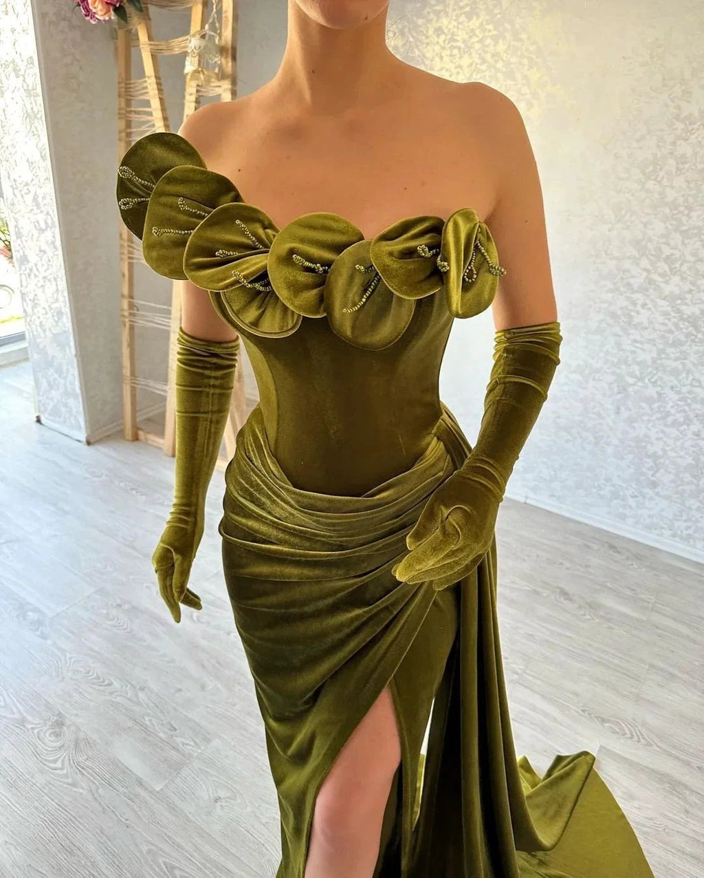 Green One Shoulder Strapless Ruffles Prom Dress with Split by misshow.com