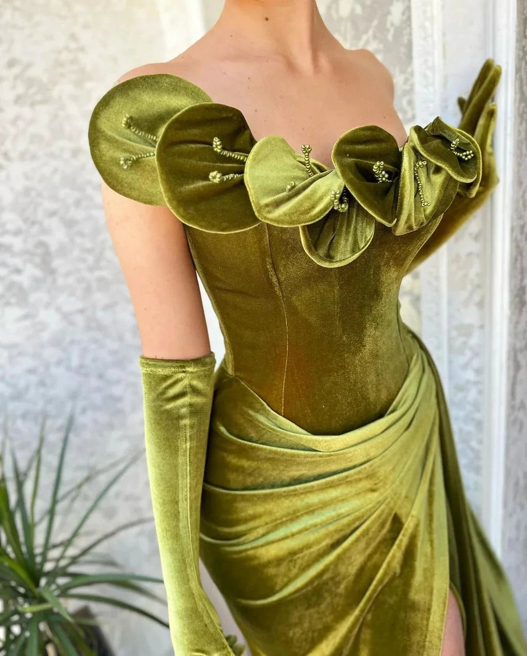 Green One Shoulder Strapless Ruffles Prom Dress with Split by misshow.com