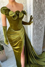 Green One Shoulder Strapless Ruffles Prom Dress with Split by misshow.com