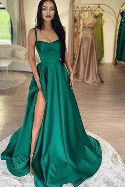 Green Shiny Elastic Satin Front Split Court Train Prom Dress by misshow.com