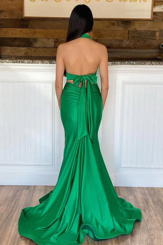 Vestido de fiesta de sirena con cuello halter verde y abertura SYP166