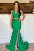 Green Halter Mermaid Prom Gown With Slit SYP166 by vivymakudress
