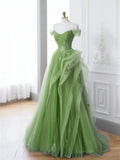 Saflor | Green A-Line Off Shoulder Long Prom Dress Lace Long Evening Dress by Kissprom