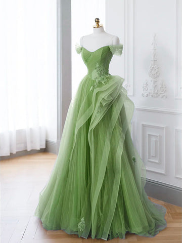Saflor | Grünes A-Linien-Ballkleid mit schulterfreiem, langem Spitzen-Abendkleid