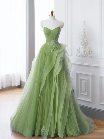 Saflor | Grünes A-Linien-Ballkleid mit schulterfreiem, langem Spitzen-Abendkleid