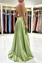 Green Satin Simple A Line Backless Long Prom Dresses with Leg Slit PSK381 by pgmdress