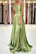Green Satin Simple A Line Backless Long Prom Dresses with Leg Slit PSK381 by pgmdress