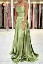Green Satin Simple A Line Backless Long Prom Dresses with Leg Slit PSK381 by pgmdress