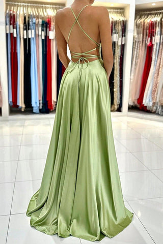 Vestido de fiesta largo, sencillo, de satén verde, corte A, sin espalda y con abertura en la pierna (PSK381)