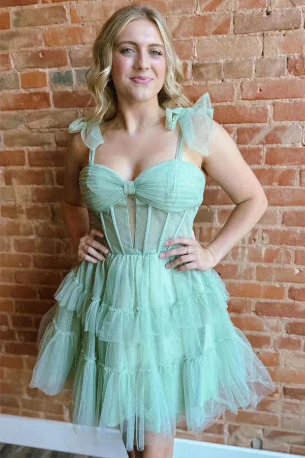Green Straps A-Line Tulle Tiered Short Corset Homecoming Dress PD545 by pgmdress