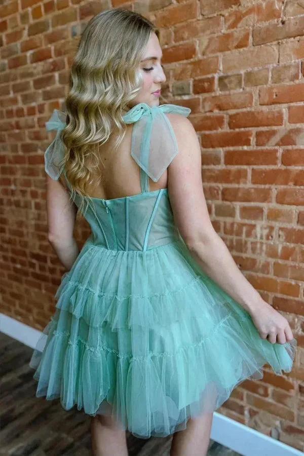 Green Straps A-Line Tulle Tiered Short Corset Homecoming Dress PD545 by pgmdress