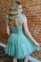 Green Straps A-Line Tulle Tiered Short Corset Homecoming Dress PD545 by pgmdress