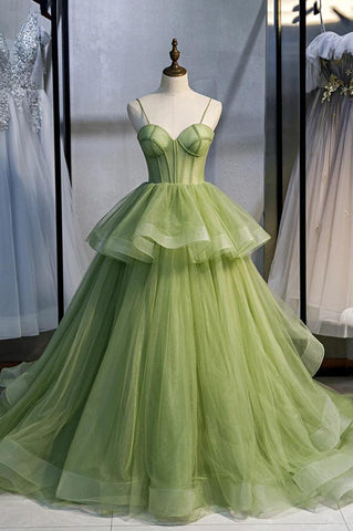 Grünes langes Ballkleid aus Tüll in A-Linie mit Schleppe PSK418