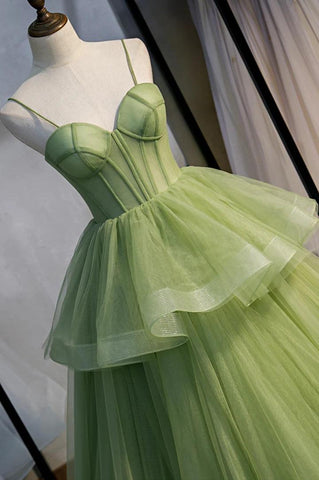 Grünes langes Ballkleid aus Tüll in A-Linie mit Schleppe PSK418