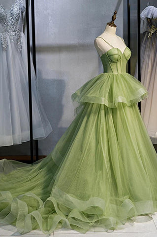 Grünes langes Ballkleid aus Tüll in A-Linie mit Schleppe PSK418