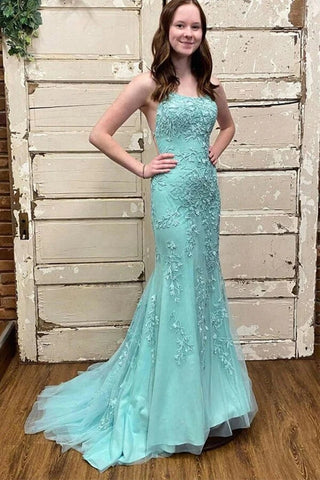 Vestidos de fiesta de tul verde con escote redondo y encaje, estilo sirena, vestidos de noche PSK438