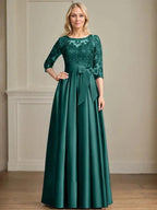 A-line Scoop Illusion Floor-Length Satin Lace Mother of the Bride Dress With Sequins Bow by Dreamylily