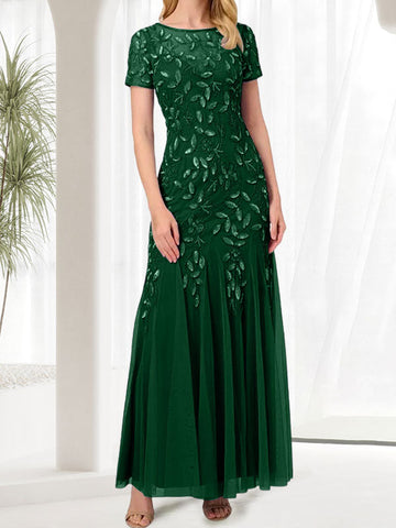 Vestido largo de sirena azul con cuello redondo para madre de la novia con cuentas