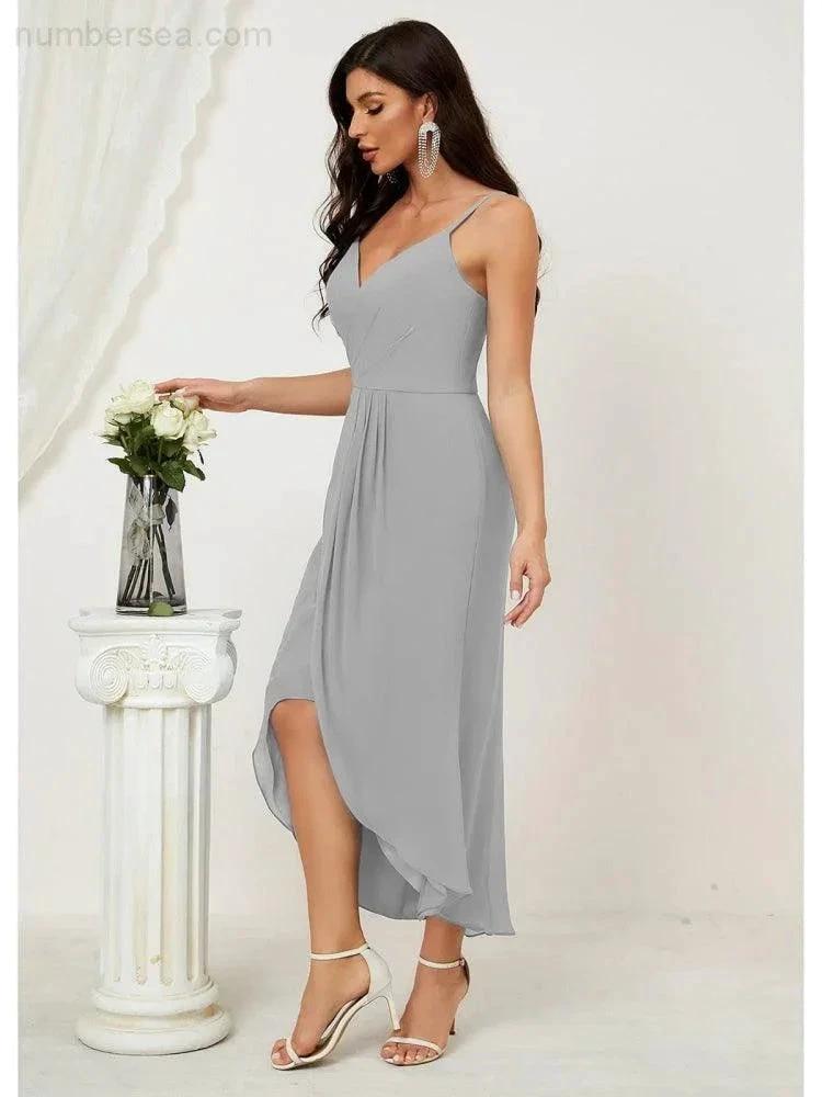 Numbersea Spaghetti Chiffon V Neck Bridesmaid Dress Mid-Length Slit Formal Prom Dress Homecoming Dress 2803 by numbersea
