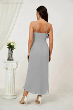 Numbersea Spaghetti Chiffon V Neck Bridesmaid Dress Mid-Length Slit Formal Prom Dress Homecoming Dress 2803 by numbersea