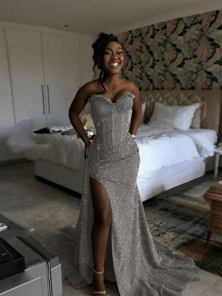 Glitter Strapless Mermaid Sequined Long Prom Dress with Slit