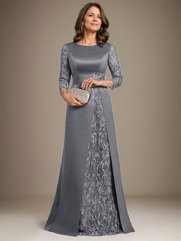 A-Linie U-Ausschnitt Bodenlang Spitze Satin Kleid für die Brautmutter mit Applikation 