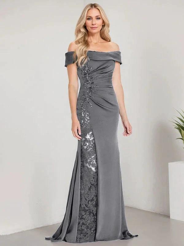 A-Line Off the Shoulder Floor-Length Mother of the Bride Dress Applique Beadings Mermaid Dress With High Split by Dreamylily