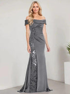A-Line Off the Shoulder Floor-Length Mother of the Bride Dress Applique Beadings Mermaid Dress With High Split by Dreamylily