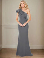 A-line One Shoulder Floor-Length Chiffon Mother of the Bride Dress With Ruffles by Dreamylily