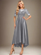 A-line Scoop Illusion Asymmetrical Stretch Satin Lace Mother of the Bride Dress With Sequins by Dreamylily