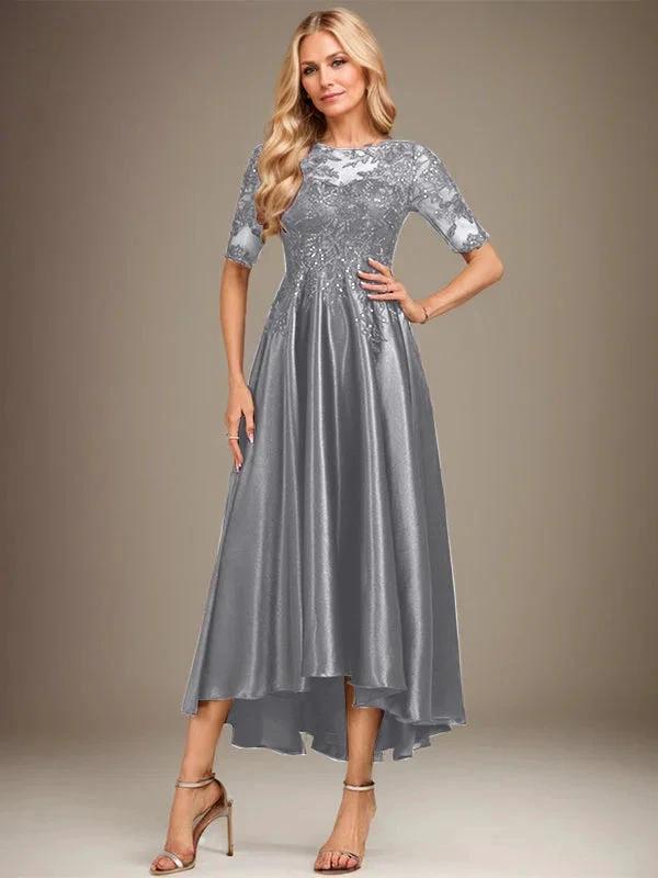 A-line Scoop Illusion Asymmetrical Stretch Satin Lace Mother of the Bride Dress With Sequins by Dreamylily