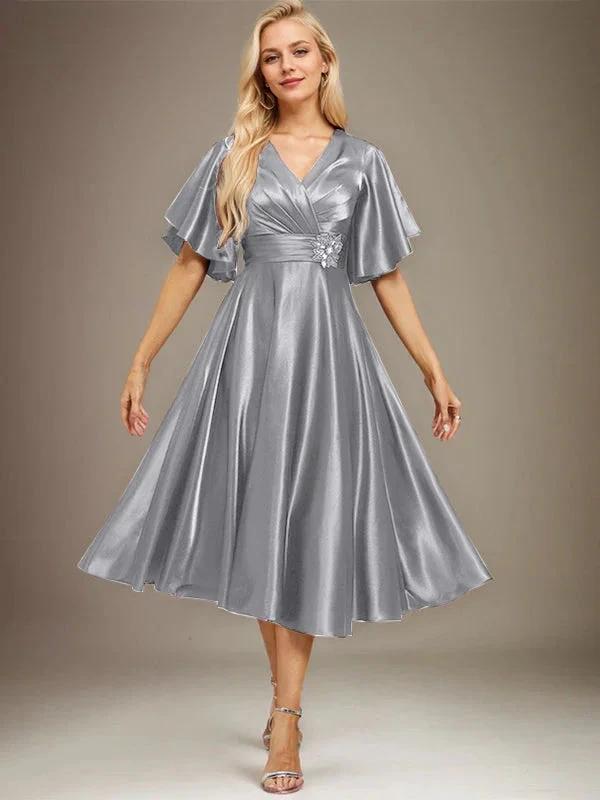 A-line V-Neck Tea-Length Stretch Satin Mother of the Bride Dress With Beading Pleated by Dreamylily