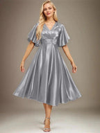 A-line V-Neck Tea-Length Stretch Satin Mother of the Bride Dress With Beading Pleated by Dreamylily