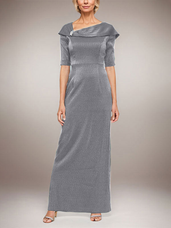 Long Shimmer Column Dress with Foldover Cuff L-Neckline and Elbow Sleeves