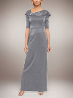 Long Shimmer Column Dress with Foldover Cuff L-Neckline and Elbow Sleeves