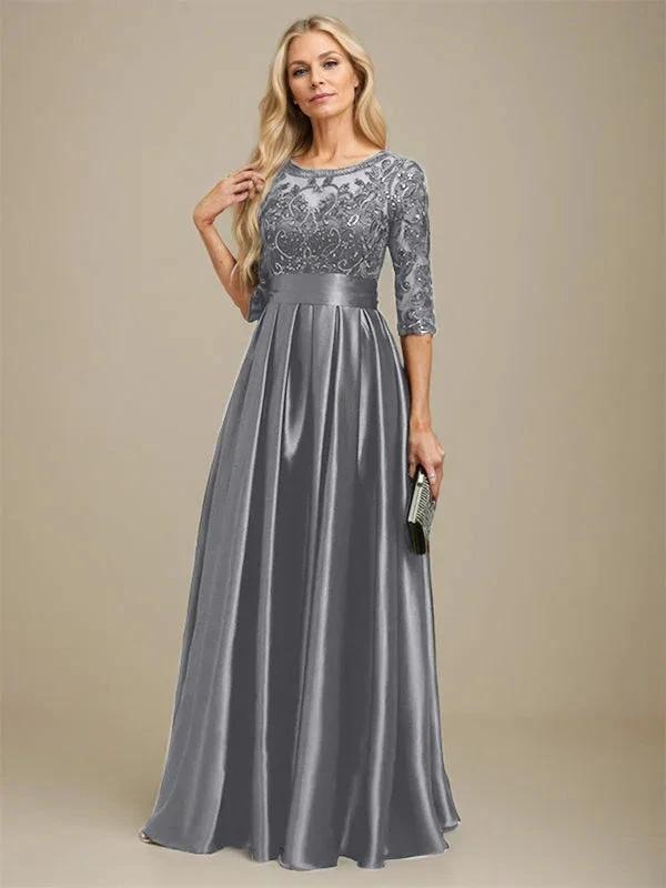 A-line Scoop Illusion Floor-Length Stretch Satin Lace Mother of the Bride Dress With Bow Sequins by Dreamylily