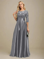 A-line Scoop Illusion Floor-Length Stretch Satin Lace Mother of the Bride Dress With Bow Sequins by Dreamylily