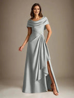 A-Line Scoop Floor-Length Stretch Satin Mother of the Bride Dress With Cascading Ruffles by Dreamylily