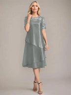 A-Line Scoop Knee-Length Mother of the Bride Dress With Applique & Sequins by Dreamylily