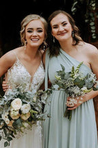 Grey Green One Shoulder Sweep Train Chiffon Bridesmaid Dress BD105 by pgmdress