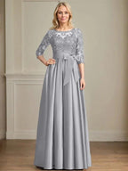 A-line Scoop Illusion Floor-Length Satin Lace Mother of the Bride Dress With Sequins Bow by Dreamylily