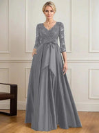 A-line V-Neck Floor-Length Satin Lace Mother of the Bride Dress With Sequins Bow by Dreamylily