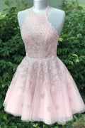 Beautiful Halter Backless Pink Lace Tulle A-line Short Homecoming Dresses by Ombreprom