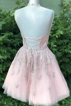Beautiful Halter Backless Pink Lace Tulle A-line Short Homecoming Dresses by Ombreprom