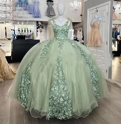 Hermoso vestido de quinceañera verde salvia con hombros descubiertos y corsé sexy Y1924