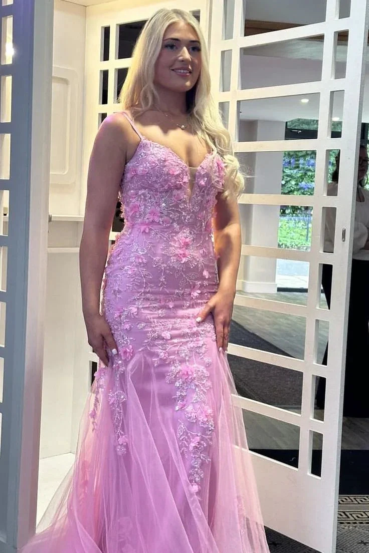 Beautiful Pink Spaghetti Straps Tulle Lace Appliques Mermaid Evening Dress Long Prom Dress Y7851 by simplepromdress