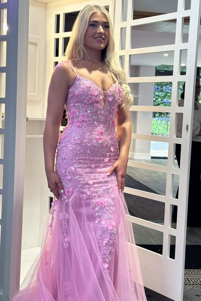 Beautiful Pink Spaghetti Straps Tulle Lace Appliques Mermaid Evening Dress Long Prom Dress Y7851 Hover Image
