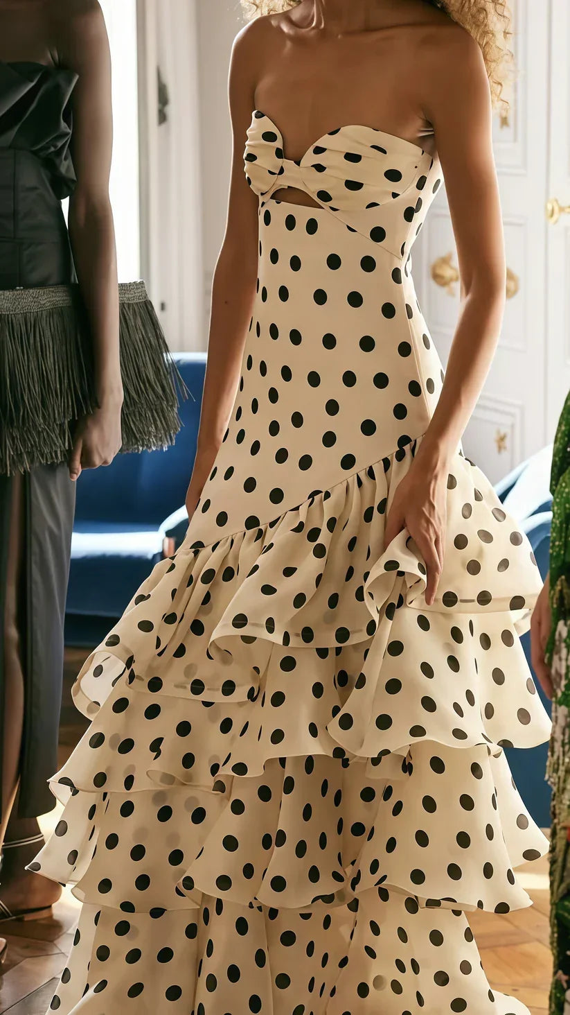 Elegant Sweetheart Dots Ruffle Chiffon Prom Dress Strapless Mermaid Evening Gown Y8279